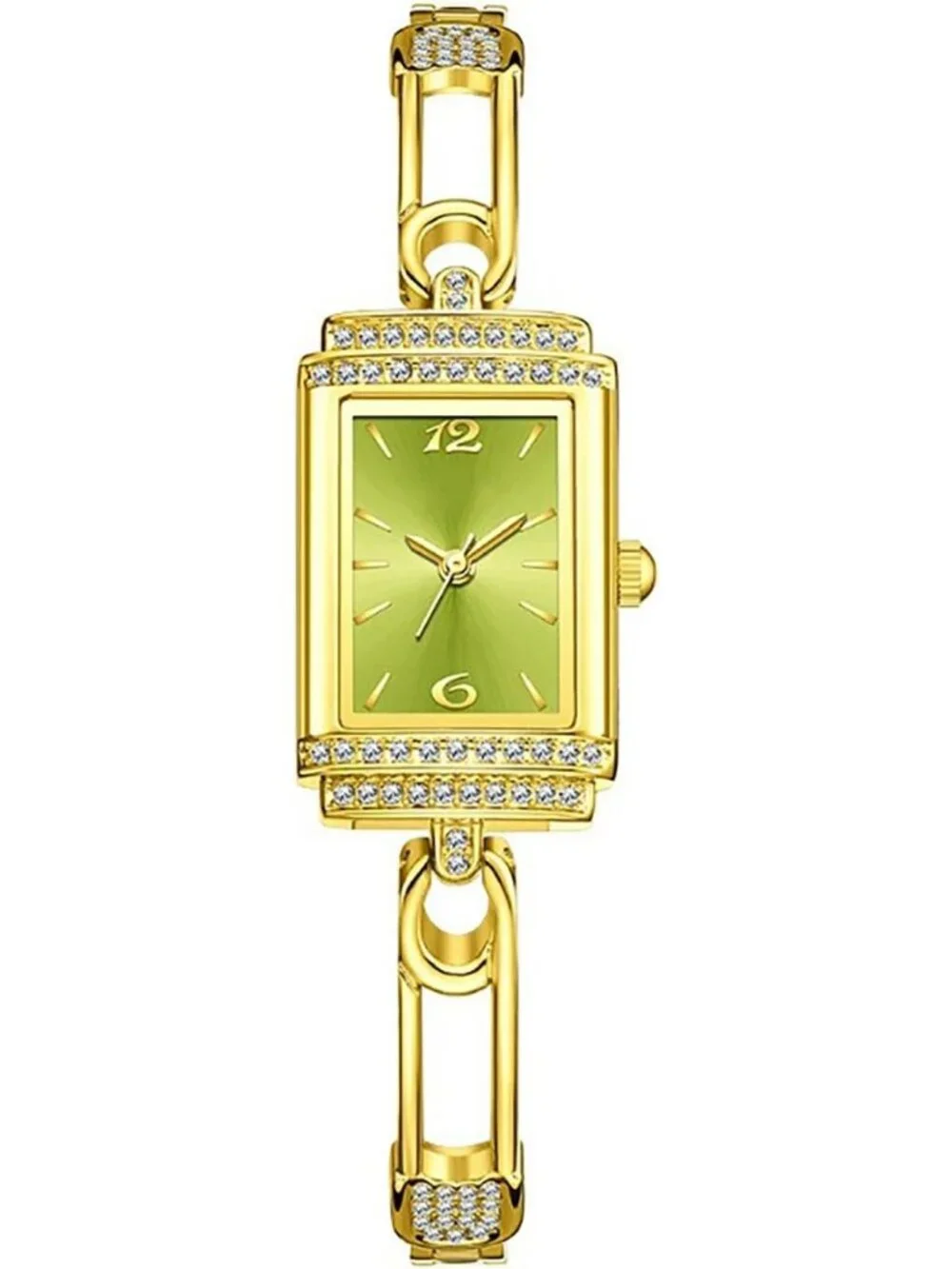 Women's Gold Green Vintage Rectangular Bracelet Luxury Crystal Quartz Wristwatch
